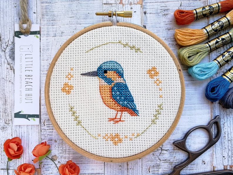 Little kingfisher cross stitch pattern, PDF pattern, instant download, bird gift, bird lovers present, small cross stitch, teal design, DIY image 2
