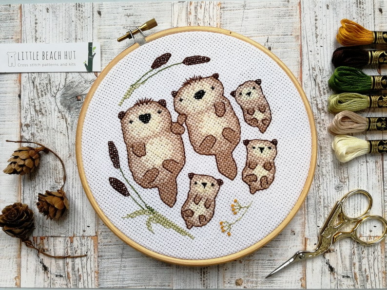 Cross stitch kit, Otters, Family, Cross stitch pattern, Modern embroidery, Family gift, Baby shower gifts, Embroidery pattern, Love gifts image 4