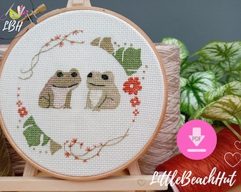 Frogs embroidery pattern, frogs cross stitch, wedding embroidery, sewing pattern, frog gift, beginners embroidery pattern, love gift