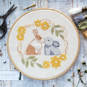 Rabbit cross stitch kit, Cross stitch patterns, rabbit gift, easy cross stitch, embroidery kit, wedding gift, beginners cross stitch