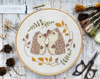 Hedgehogs cross stitch kit, cross stitch patterns, cute wildlife couple gifts, counted cross-stitch pattern, modern embroidery pattern