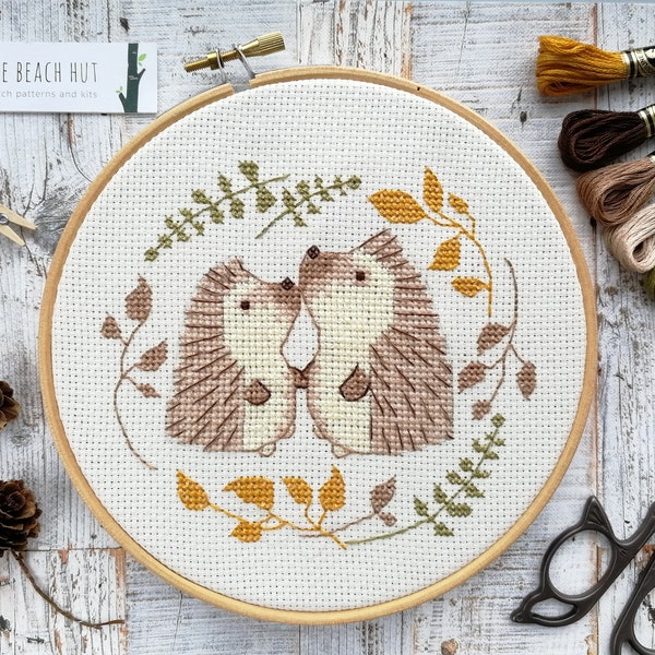 Hedgehogs cross stitch kit, cross stitch patterns, cute wildlife couple gifts, counted cross-stitch pattern, modern embroidery pattern