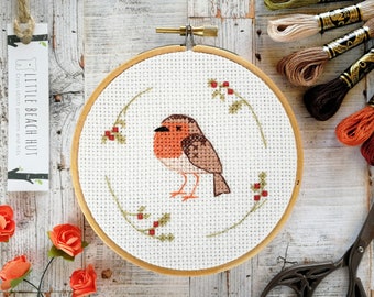Little robin cross stitch kit. bird embroidery, Christmas card, small cross stitch pattern, embroidery kit, beginners cross stitch, DIY kit