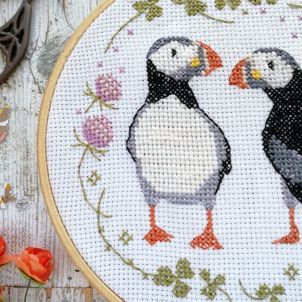 Puffins cross stitch pattern, embroidery puffins, bird cross stitch, puffins sewing pattern, cute cross stitch, modern embroidery pattern