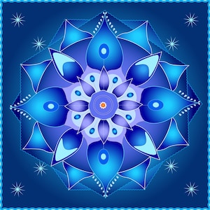 May include: A blue and purple mandala with a flower-like design. The mandala is surrounded by a blue background with white stars.