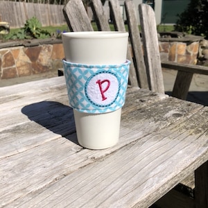 In the hoop Monogramed  Cup Cozy  Embroidery Design file for use with an Embroidery Machine