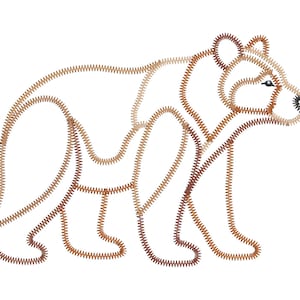 May include: A bear silhouette created with brown and tan zigzag embroidery stitching. The design features a dark brown stitched nose and a single dark eye, with the outline and internal body segments defined by dense, textured thread work.