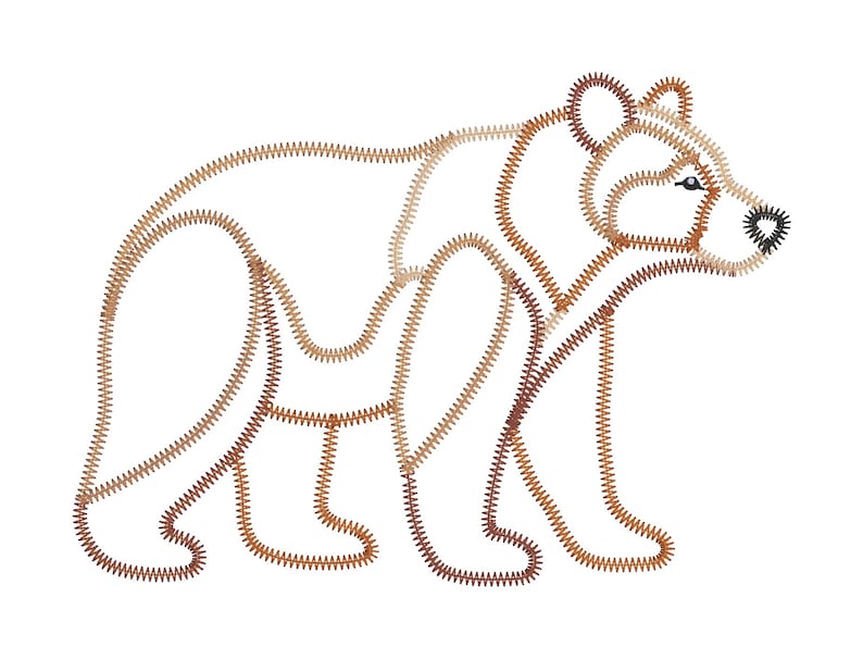 May include: A bear silhouette created with brown and tan zigzag embroidery stitching. The design features a dark brown stitched nose and a single dark eye, with the outline and internal body segments defined by dense, textured thread work.