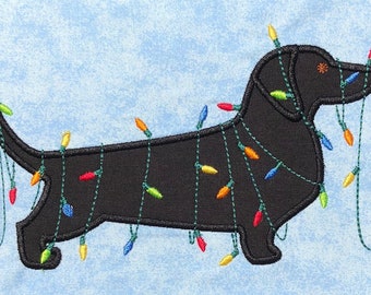 Christmas Holidyay  Dachshund appliqué embroidery design for embroidery machine, Wiener dog, Christmas lights, winter applique design