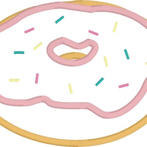 Könnte beinhalten: Ein rosafarbener Donut mit gelben, rosa und türkisfarbenen Streuseln.