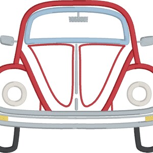 May include: A red vintage car with a white front bumper and headlights. The car has a blue windshield and a white interior.