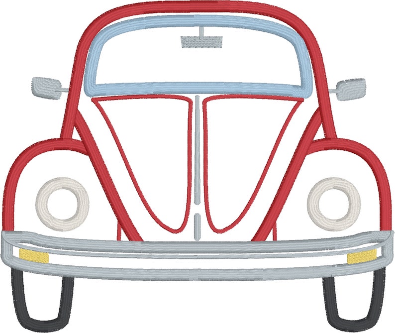 May include: A red vintage car with a white front bumper and headlights. The car has a blue windshield and a white interior.