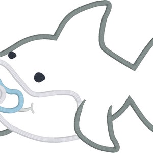 May include: A white cartoon shark with a blue pacifier in its mouth. The shark has a gray outline and black eyes.