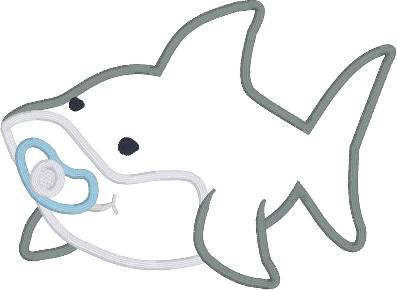 May include: A white cartoon shark with a blue pacifier in its mouth. The shark has a gray outline and black eyes.