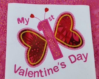Baby's first Valentine's Day  applique embroidery design for use with an embroidery machine