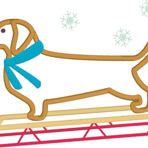 Winter applique,  January Dachshund applique embroidery design for embroidery machine, Weiner dog, weenie, Retro sled ,snowflakes