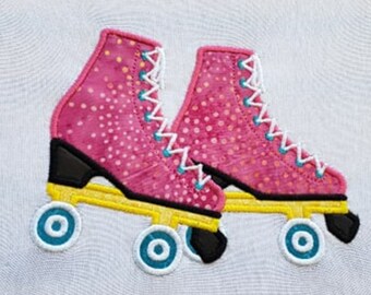 May include: A pair of pink roller skates with white polka dots and yellow wheels. The skates have turquoise accents on the wheels and laces.