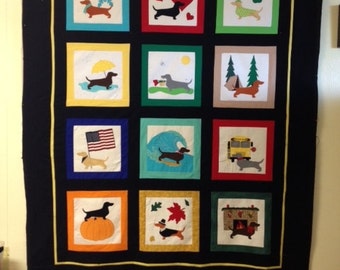Dachshund Quilt Sewing Pattern, Raw Edge Applique, Full Size (PDF Download)