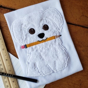 Maltese dog with a Pencil Back to School applique embroidery design download