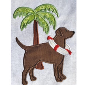 Labrador  applique embroidery design download for embroidery machine, Lab with life ring and palm tree, August Labrador