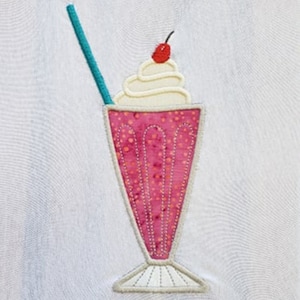 May include: A pink and white milkshake with a cherry on top and a blue straw. The milkshake is in a tall glass with a white rim.