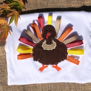 Turkey applique embroidery design, kids Thanksgiving, 3-D, ribbons for feathers, for boys and girls