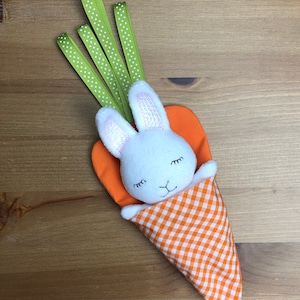 Könnte beinhalten: Ein weißer Plüschhase mit rosa Ohren schläft in einem karottenförmigen orange-weißen Gingham-Stoffbeutel. Der Beutel hat ein grünes Band mit weißen Punkten, das oben befestigt ist.