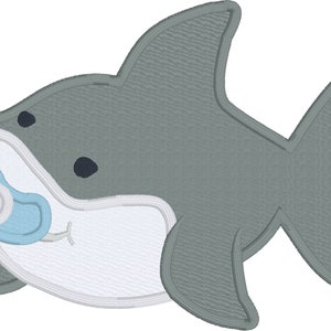 May include: A gray and white cartoon shark with a blue pacifier in its mouth. The shark has a white belly and a gray back with a fin on its back and a tail.