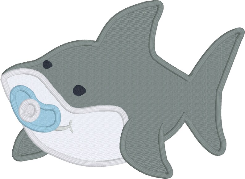 May include: A gray and white cartoon shark with a blue pacifier in its mouth. The shark has a white belly and a gray back with a fin on its back and a tail.