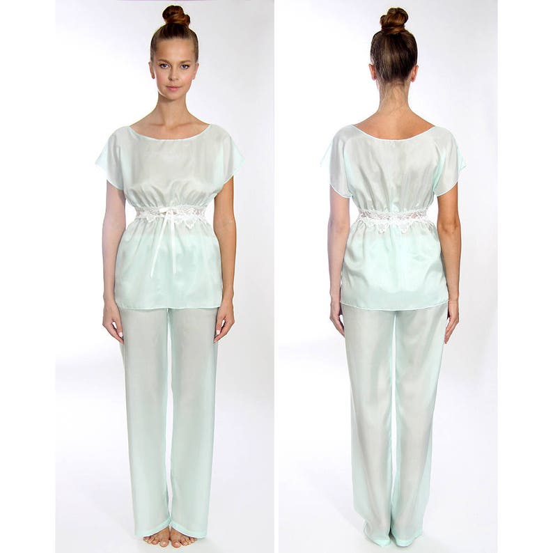 silk kimono /& long pants in mint Jasmine