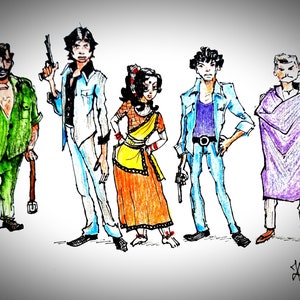 May include: A hand-drawn illustration of five people, including a woman in a yellow and orange sari, a man in a green shirt and trousers, a man in a blue shirt and jeans, a man in a white shirt and blue trousers, and a man in a purple robe. The illustration is done in coloured pencil and has a vintage style.