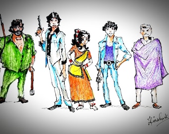 Sholay Gabbar Jai Veeru Indian cinema film gift decor print bollywood actor wallpaper cafe restaurant india theme party poster old movie fun