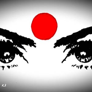 May include: A black and white illustration of a pair of eyes with a red circle in the centre of the forehead. The eyes are drawn with thick eyelashes and a detailed iris.