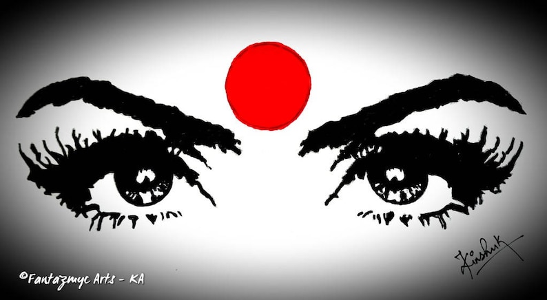 Pu&ograve; includere: Un'illustrazione in bianco e nero di un paio di occhi con un cerchio rosso al centro della fronte. Gli occhi sono disegnati con ciglia folte e un'iride dettagliata.
