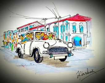 Decorazione murale per auto Ambassador India: stampa di opere d'arte indiane Desi