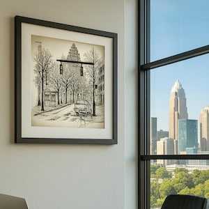 Stampa artistica di Charlotte NC: disegno del paesaggio urbano di Uptown (download digitale)