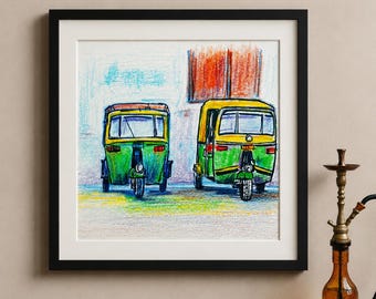 Indian Auto Rickshaw Art Print | Colorful Urban India Poster | Funky Modern Travel Decor | Indian Wedding | Indian food art | Indian Cafe