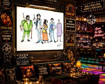 Lámina decorativa de Bollywood / Póster de personajes del cine indio / Regalo para cinéfilos / Decoración de Bollywood / Arte para la pared de la sala de cine / Paquete de bocetos de Sholay