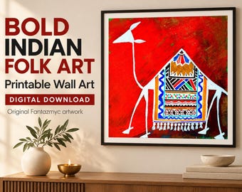 May include: A square framed wall art print featuring a stylized white camel on a vibrant red background. The camel is adorned with a colorful, patterned saddle blanket with geometric designs and tassels. Text on the left reads BOLD INDIAN FOLK ART.