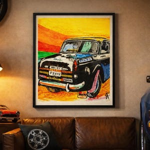 Arte de pared imprimible de coche Padmini vintage / Ilustración clásica de taxi indio / Arte de coche retro para sala de estar y cueva del hombre / Decoración para amantes de los coches / Arte imagen 1