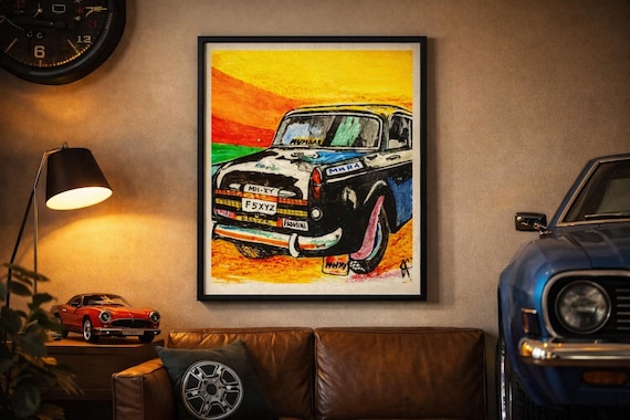 Vintage Padmini Car Wall Art Printable | Classic Indian Taxi Illustration | Retro Car Art for Living Room & Man Cave | Car Lover Decor | Art