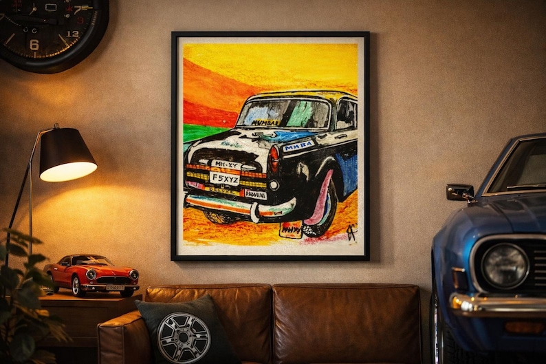 Arte de pared imprimible de coche Padmini vintage / Ilustración clásica de taxi indio / Arte de coche retro para sala de estar y cueva del hombre / Decoración para amantes de los coches / Arte imagen 1