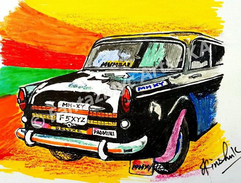Puede incluir: Ilustraci&oacute;n colorida de un taxi vintage negro y amarillo, probablemente un modelo Padmini, con la palabra "Mumbai" visible. La obra presenta un fondo vibrante de tonos rojos, naranjas y amarillos, con la matr&iacute;cula "F5XYZ DELUXE".