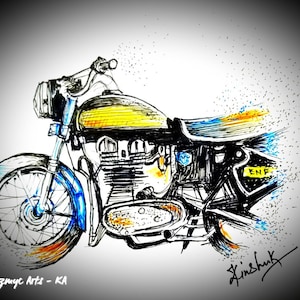 Puede incluir: Un dibujo en blanco y negro de una motocicleta con detalles en amarillo y azul. La motocicleta está en movimiento, con un rastro de puntos azules y amarillos detrás de ella. El dibujo está firmado "LinShuk" e incluye el texto "ENF".