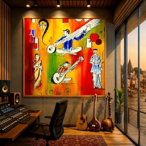 May include: A colorful painting depicting musicians playing stringed instruments, with figures in traditional attire. The artwork hangs in a studio with audio equipment, a chair, and a view of a river and buildings.