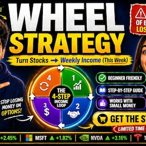 May include: A promotional graphic with the title "WHEEL STRATEGY" and the tagline "Turn Stocks → Weekly Income (This Week)". The image features two smiling people, a circular diagram, and text indicating the system is beginner-friendly and works with small money.