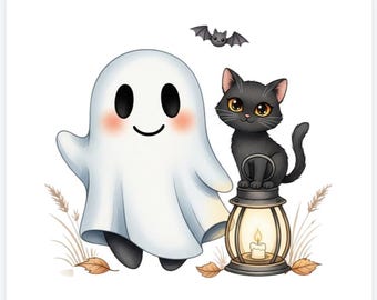 Cute Ghost & Black Cat Halloween Clipart | Spooky Cute Digital Download | Printable Sticker I Party planners I Printable Stickers Wall Art