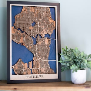 Seattle Washington, WA Laser Cut Wood Map Unique Hand Made Multi Layered Wooden Maps Perfect Gift