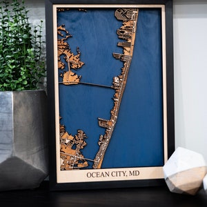 Ocean City Maryland MD Laser Cut Wood Map Unique Hand Made Multi Layered Wooden Maps Perfect Gift
