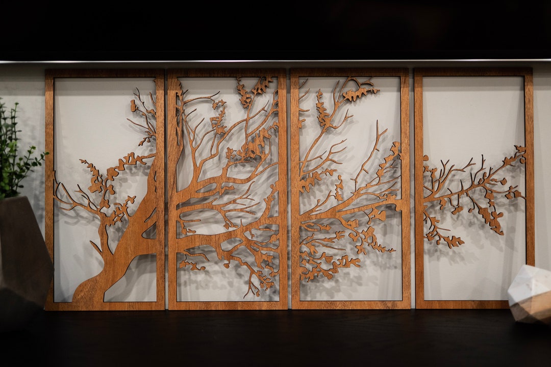 Laser Cut Wood Tree Set 3D Wood Art 4pc Set Etsy